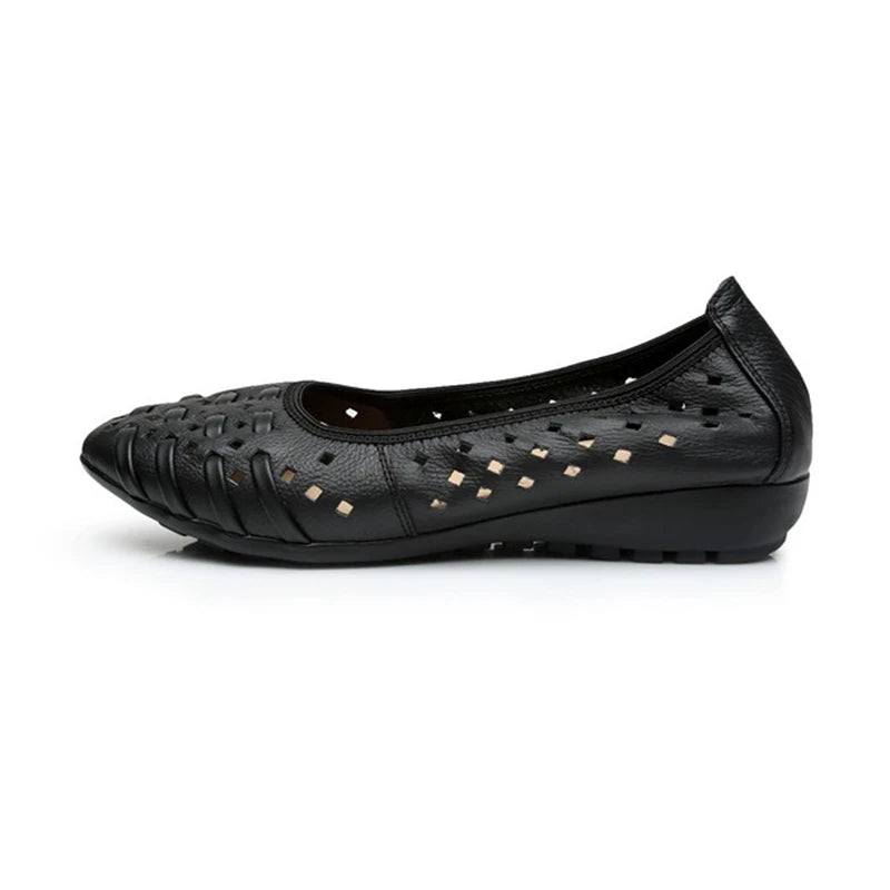 WOIZGIC Mother Women Shoes Sandals Flats Hollow Out Genuine Leather Slip On Loafers Soft Summer Beach Vintage Plus Size 42 43
