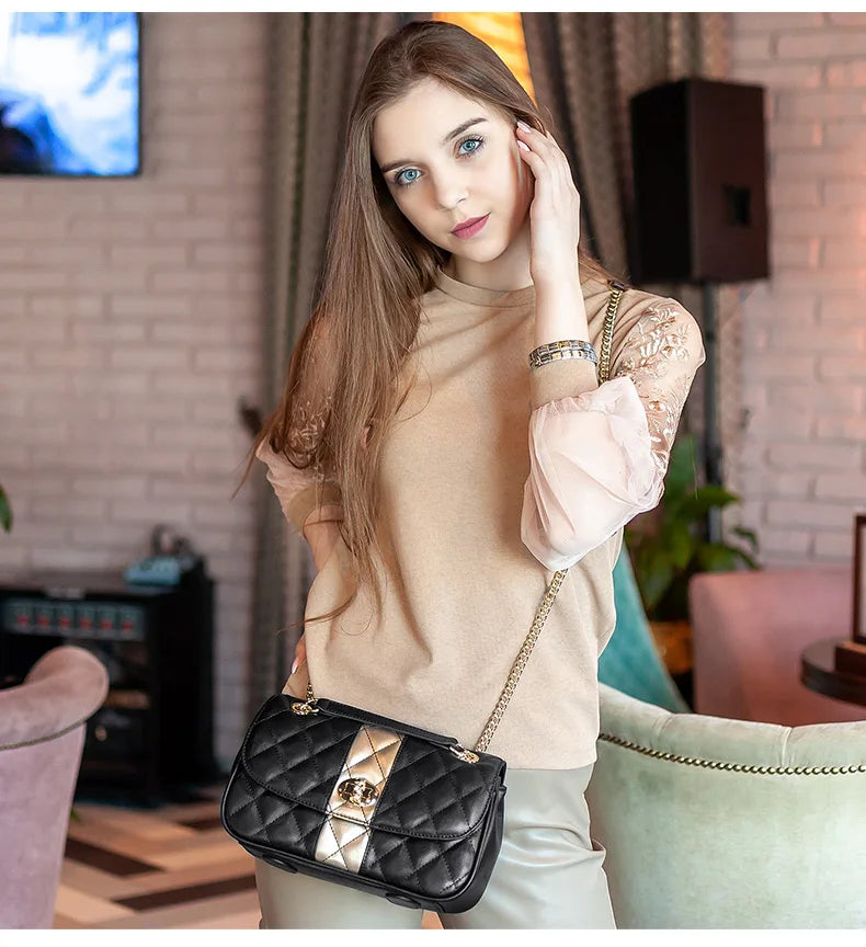 FOXER Women Crossbody Bag Diamond Lattice Handbag Lady Armpit Shoulder Bag Girl's Split Leather Chain Strap Black Messenger Bags