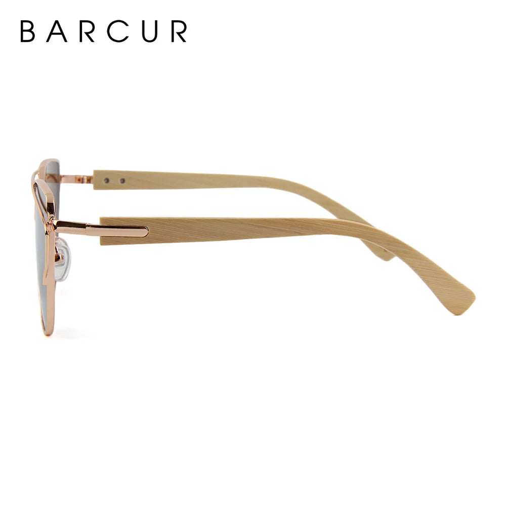 BARCUR Bamboo Cat Eye Sunglasses Polarized Metal Frame Wood Glasses Lady Luxury Fashion Sun Shades With Box