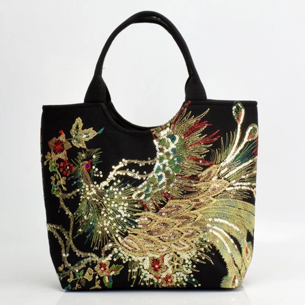 Veowalk Summer Women Shiny Peacock Embroidered Tote Bag Retro Ladies Casual Large Shopping Handbag with Shoulder Belts Handmade