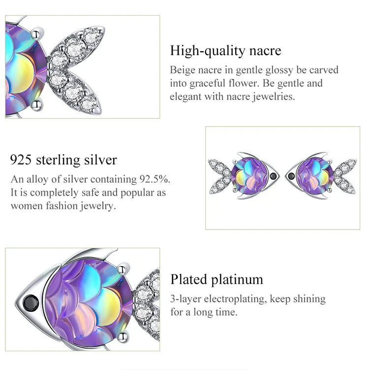 Bamoer 925 Sterling Silver Purple Fish Jewelry Set Happy Tropical Litte Fish Earrings Necklace for Women Fashion Jewelry SCE1028