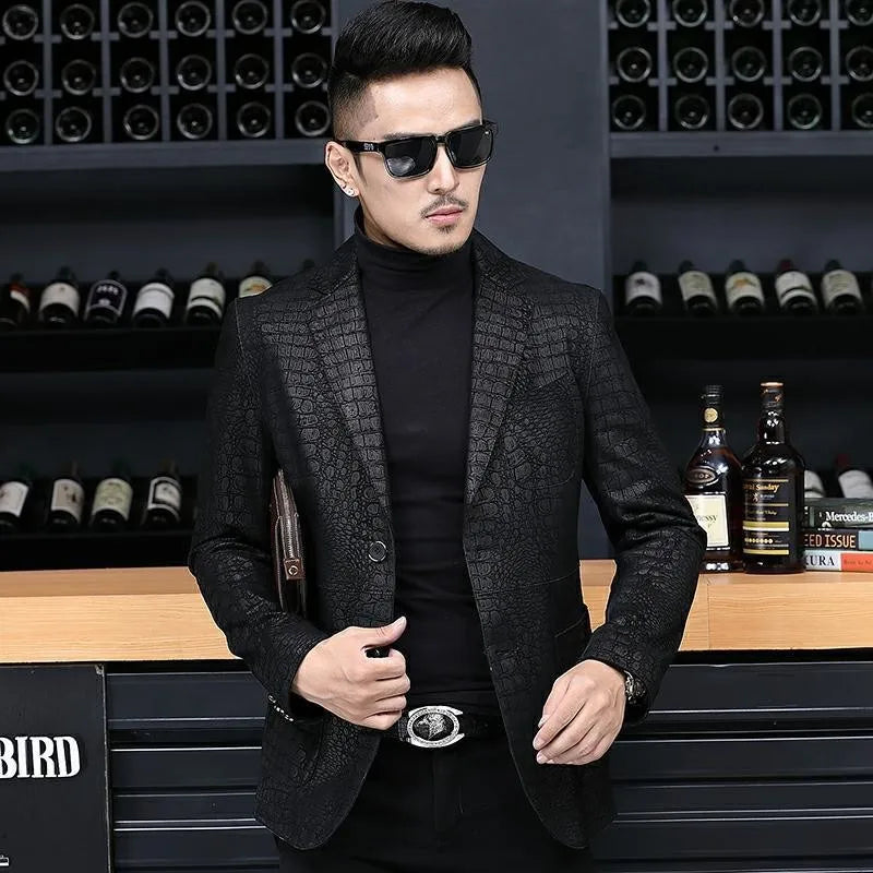 Autumn Business Men Sheepskin Genuine Leather Blazer Jacket Slim Fit Single Breasted Office Work Crocodile Pattern Suit Coat 4XL