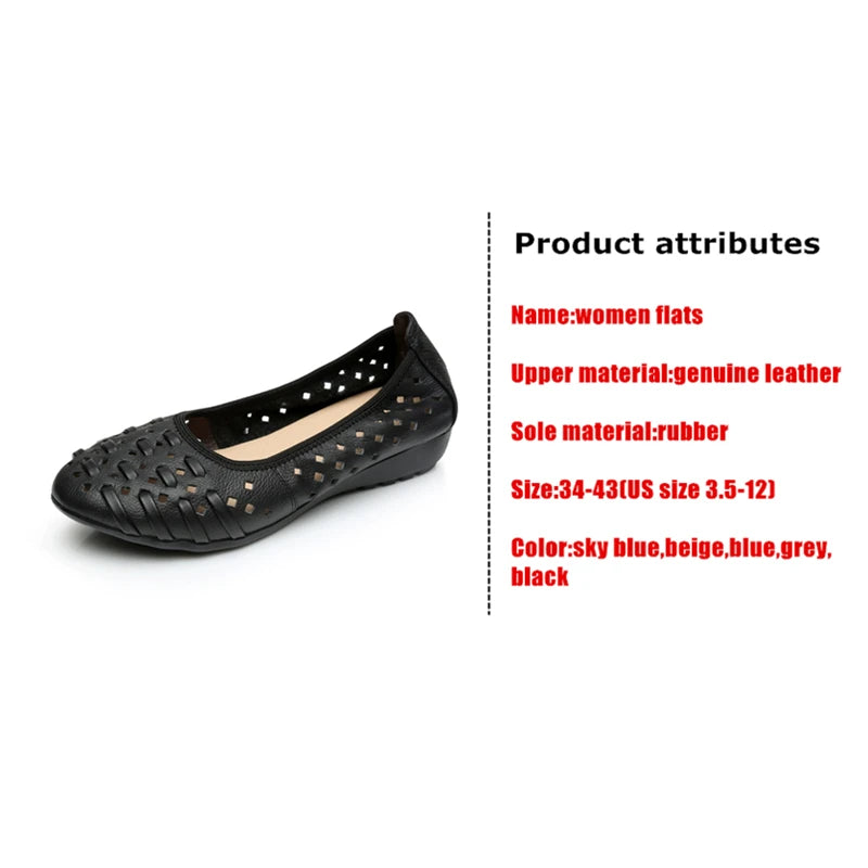 WOIZGIC Mother Women Shoes Sandals Flats Hollow Out Genuine Leather Slip On Loafers Soft Summer Beach Vintage Plus Size 42 43