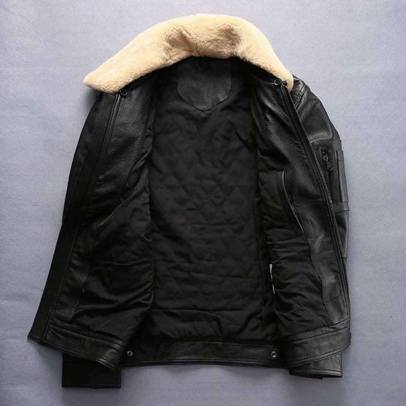 Top Quality Mens Air Force Pilot Sheepskin Genuine Leather Jacket Slim Fit Sheep Fur Collar Padded Coat Chaqueta Motor Hombre