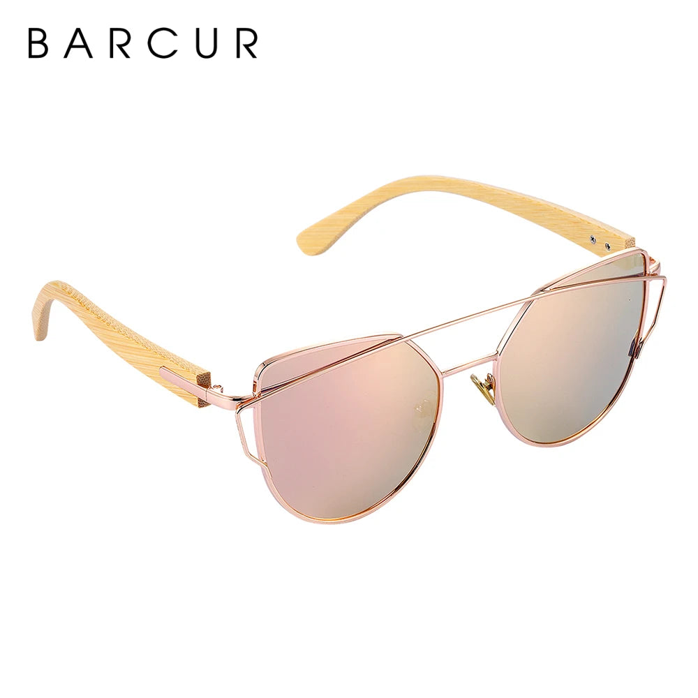 BARCUR Bamboo Cat Eye Sunglasses Polarized Metal Frame Wood Glasses Lady Luxury Fashion Sun Shades With Box