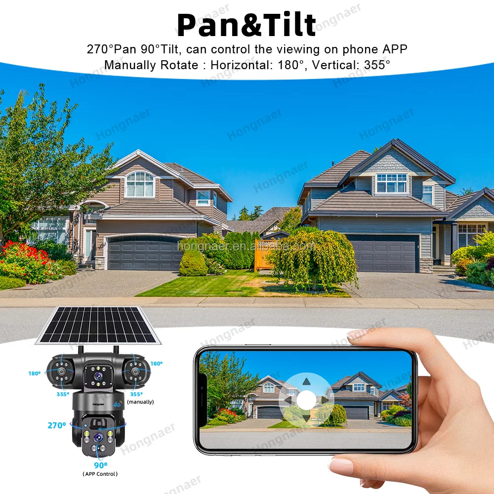 Hongnaer 9MP 3 Lens 4G Wireless Solar Panel Powered Surveil PTZ Camera V380 Pro Outdoor 4G Sim Card CCTV Solar Security Camera
