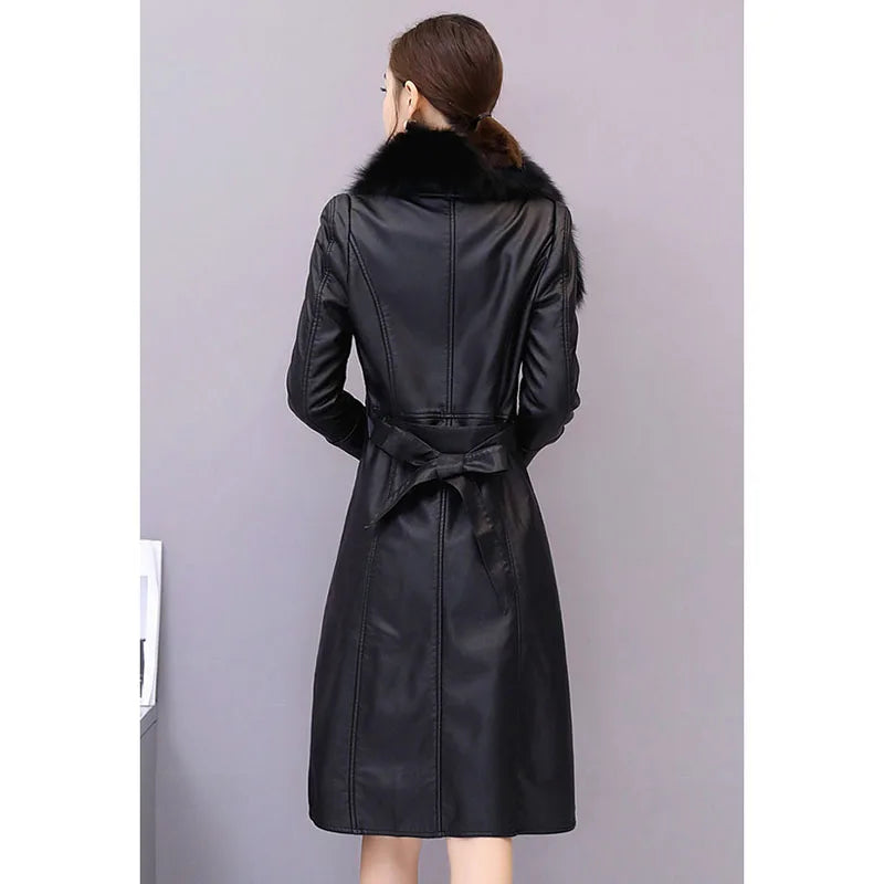 Women's Leather Jacket Winter 2024 New Add Velvet Warm Slim Big Fur Collar Long Leather Coat Female Outerwear With Belt M-4XL