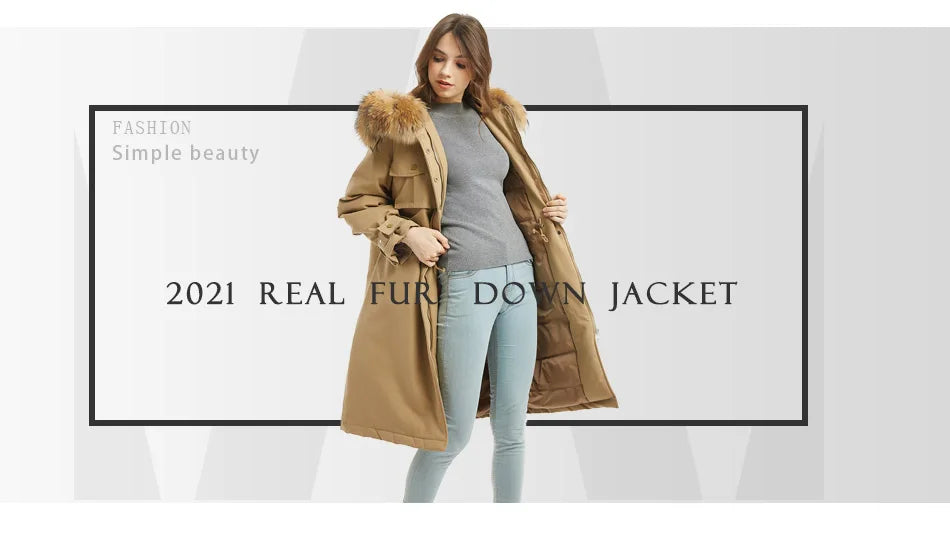 Maomaokong 2025 Winter New Long Down Jacket Women With Natural Real Fur Collar Loose Clothing Outerwear Quality Women Coat Parka