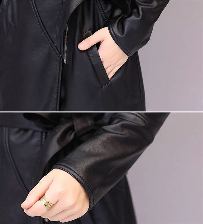 Women's Leather Jacket Winter 2024 New Add Velvet Warm Slim Big Fur Collar Long Leather Coat Female Outerwear With Belt M-4XL