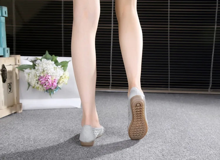 WOIZGIC Mother Women Shoes Sandals Flats Hollow Out Genuine Leather Slip On Loafers Soft Summer Beach Vintage Plus Size 42 43