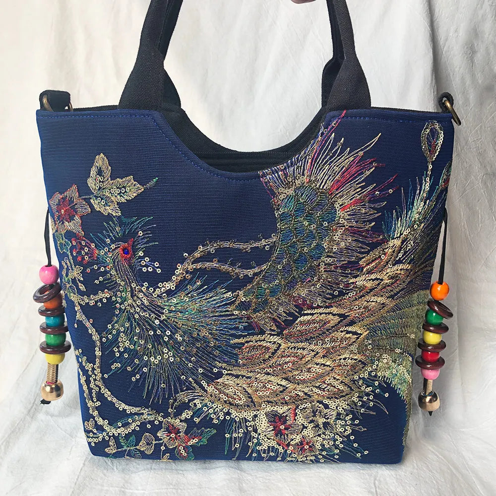 Veowalk Summer Women Shiny Peacock Embroidered Tote Bag Retro Ladies Casual Large Shopping Handbag with Shoulder Belts Handmade
