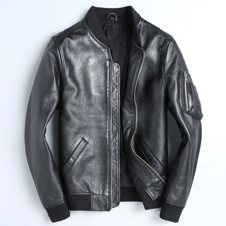 Men's Classic MA-1 Bomber Leather Jacket – Slim Fit Cowhide Air Force Style