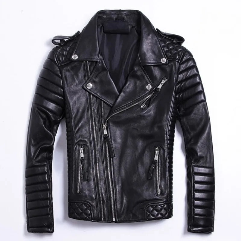 Luxury Black Plus Size Classic Sheepskin Natural Leather Jackets Mens Genuine Leather Jacket Fashion Slim Moto Coats Male