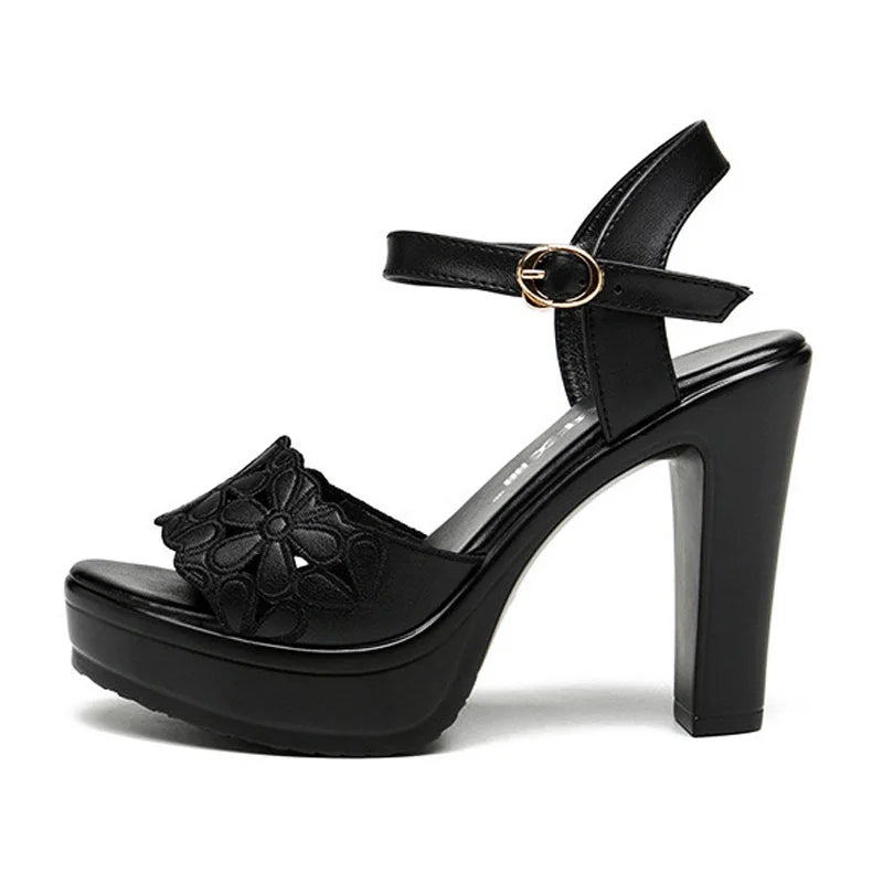 Women’s Plus Size Floral Carved Block Heel Buckle Platform Sandals – Wedding & Office Shoes
