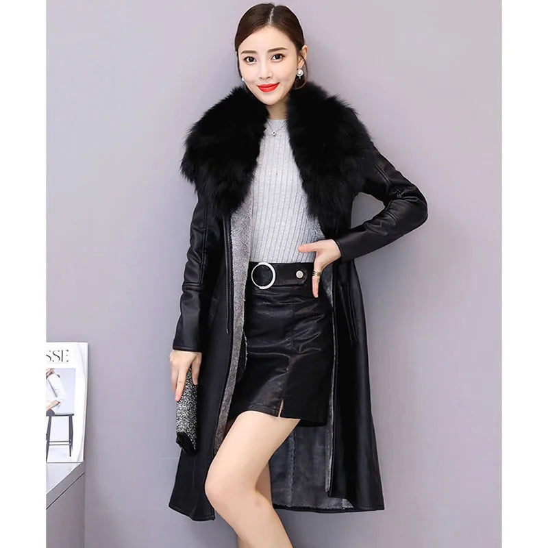 Women's Leather Jacket Winter 2024 New Add Velvet Warm Slim Big Fur Collar Long Leather Coat Female Outerwear With Belt M-4XL