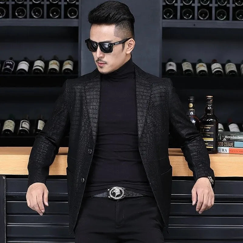 Autumn Business Men Sheepskin Genuine Leather Blazer Jacket Slim Fit Single Breasted Office Work Crocodile Pattern Suit Coat 4XL