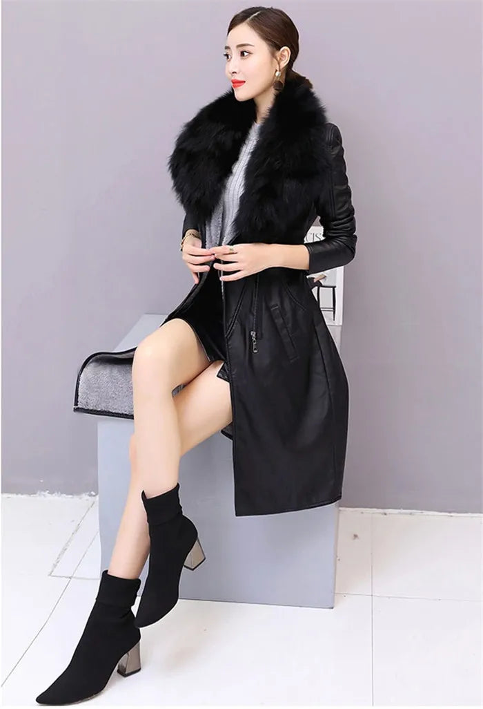 Women's Leather Jacket Winter 2024 New Add Velvet Warm Slim Big Fur Collar Long Leather Coat Female Outerwear With Belt M-4XL