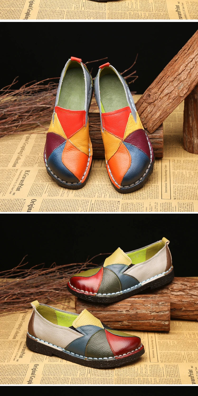 WOIZGIC Women's Ladies Female Woman Mother Shoes Flats Genuine Leather Loafers Moccasins Mixed Colorful Non Slip On Plus Size 42