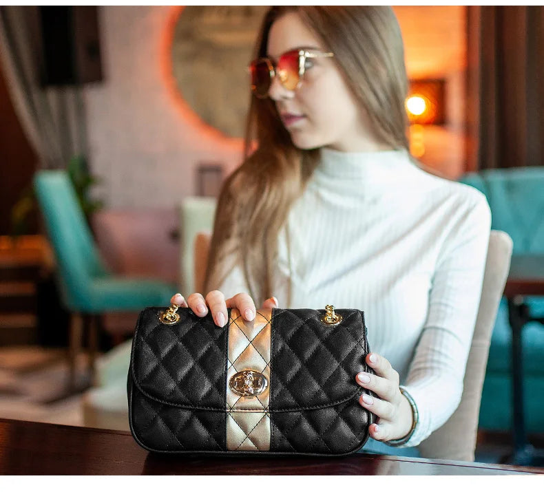 FOXER Women Crossbody Bag Diamond Lattice Handbag Lady Armpit Shoulder Bag Girl's Split Leather Chain Strap Black Messenger Bags
