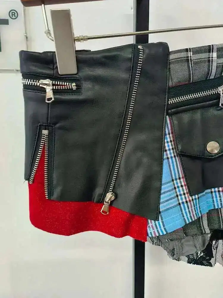 DEAT Fashion Trendy Women's Patchwork Plaid Design Pleated Mini Skirts 2025 Summer New High Waist A-line Skirt Female 29L7565