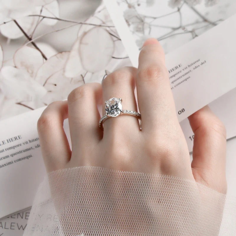 Lnngy Exquisite Oval Cut 10x8mm Simulated Diamond Ring for Women Original 925 Sterling Silver Wedding Engagement Rings Jewelry