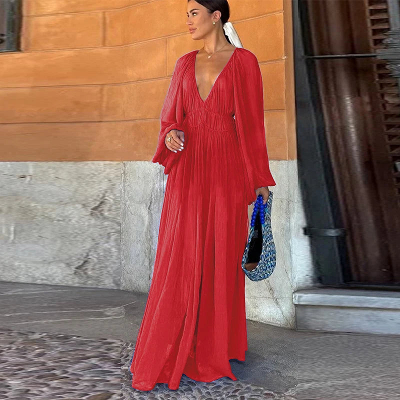 Elegant Pleated Lantern Sleeve Mid-Calf Dress – Women’s O-Neck Holiday Beach Outfit