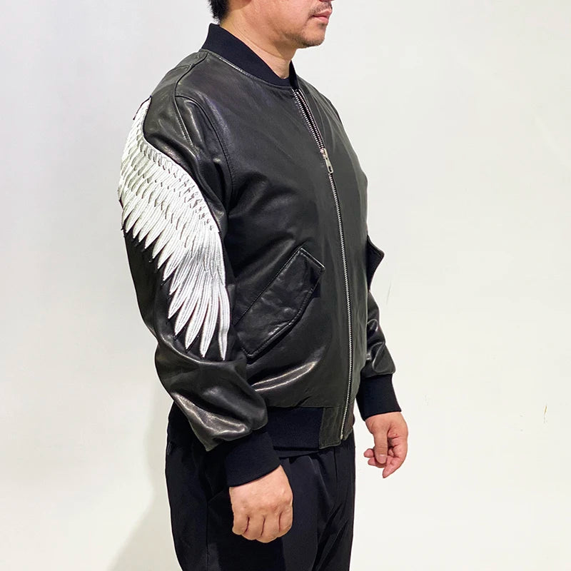 Embroidered eagle wings leather baseball jersey men stand-up collar full vegetable tanned sheepskin genuine leather jacket tops
