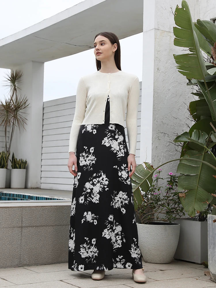 AP 2025 Spring/Summer Women Floral Satin Slip Dress with Knit Cardigan