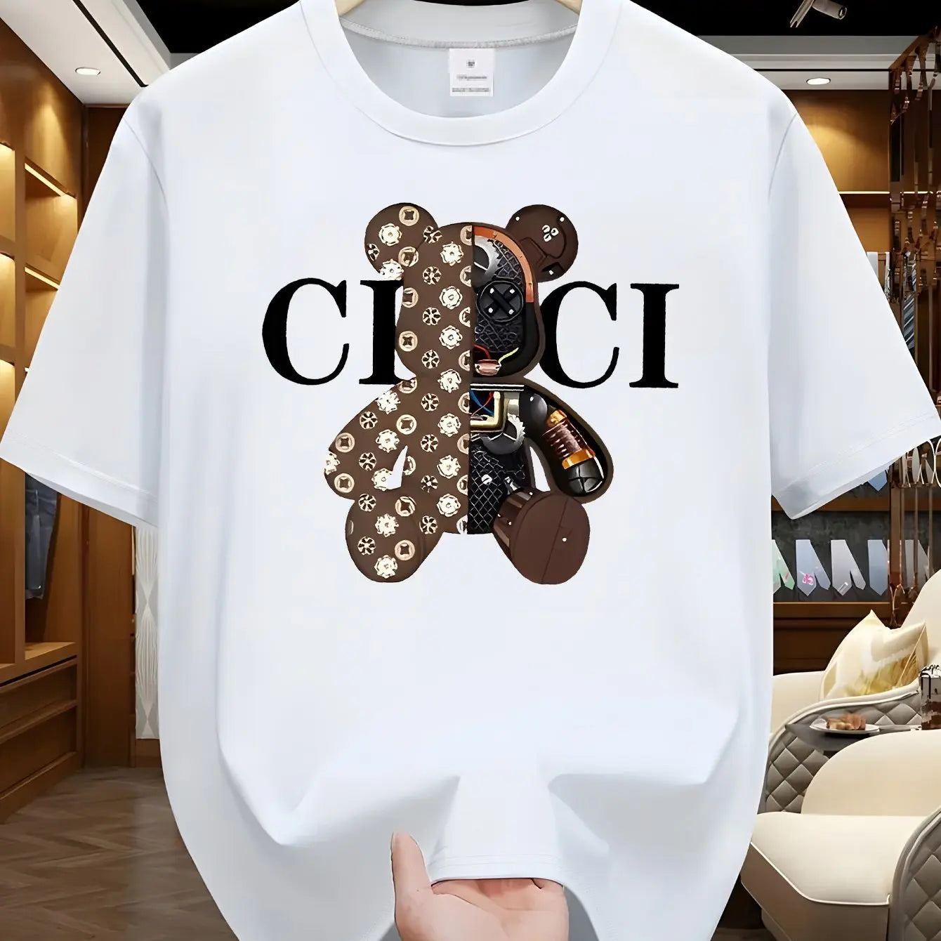 Men's summer 100% pure cotton fashionable casual loose brown mechanical bear cartoon printed round neck short sleeved T-shirt