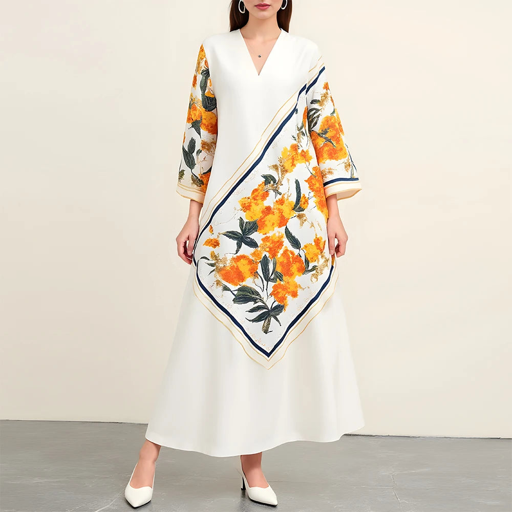 Rafiah Women's Summer Dress Decent Elegant Patchwork Graphic Printing Long Sleeve V-Neck Midi A-line Daily Arabian Dress
