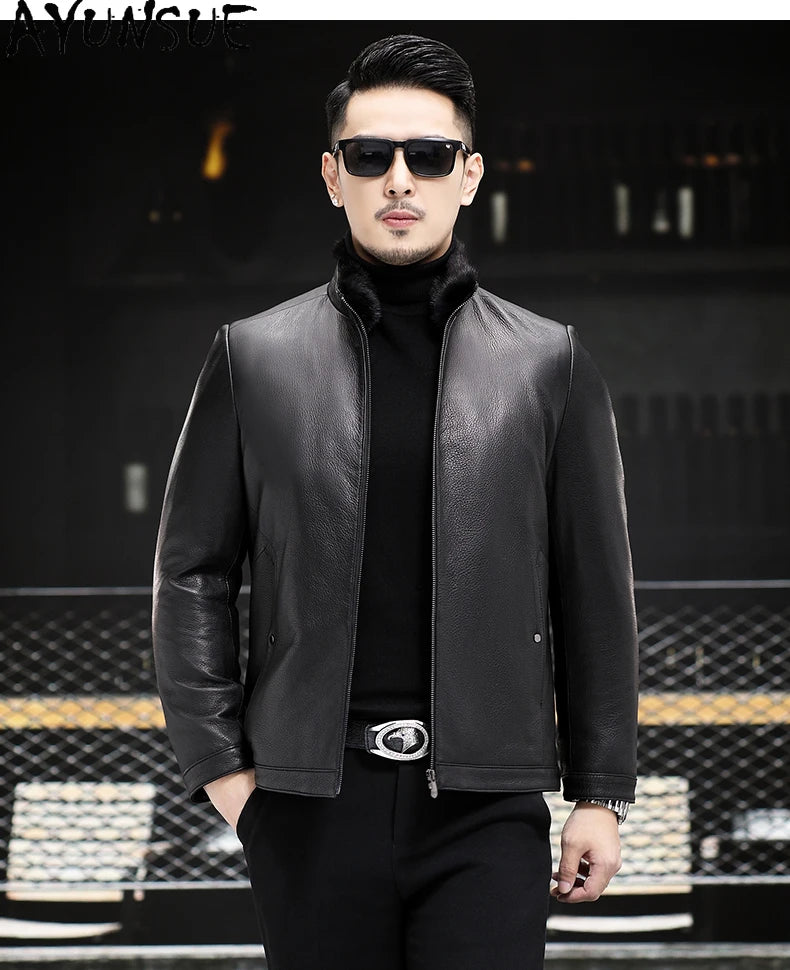 AYUNSUE 100% Real Goatskin Men Leather Jacket Stand Collar Detachable Down Liner and Mink Fur Liner Jackets Winter Mens Fur Coat