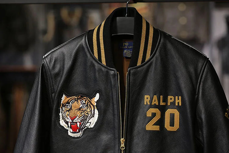 Men's top quality stand collar real leather jacket baseball tiger embroidery Fashion leisure first layer cowhide leather coat