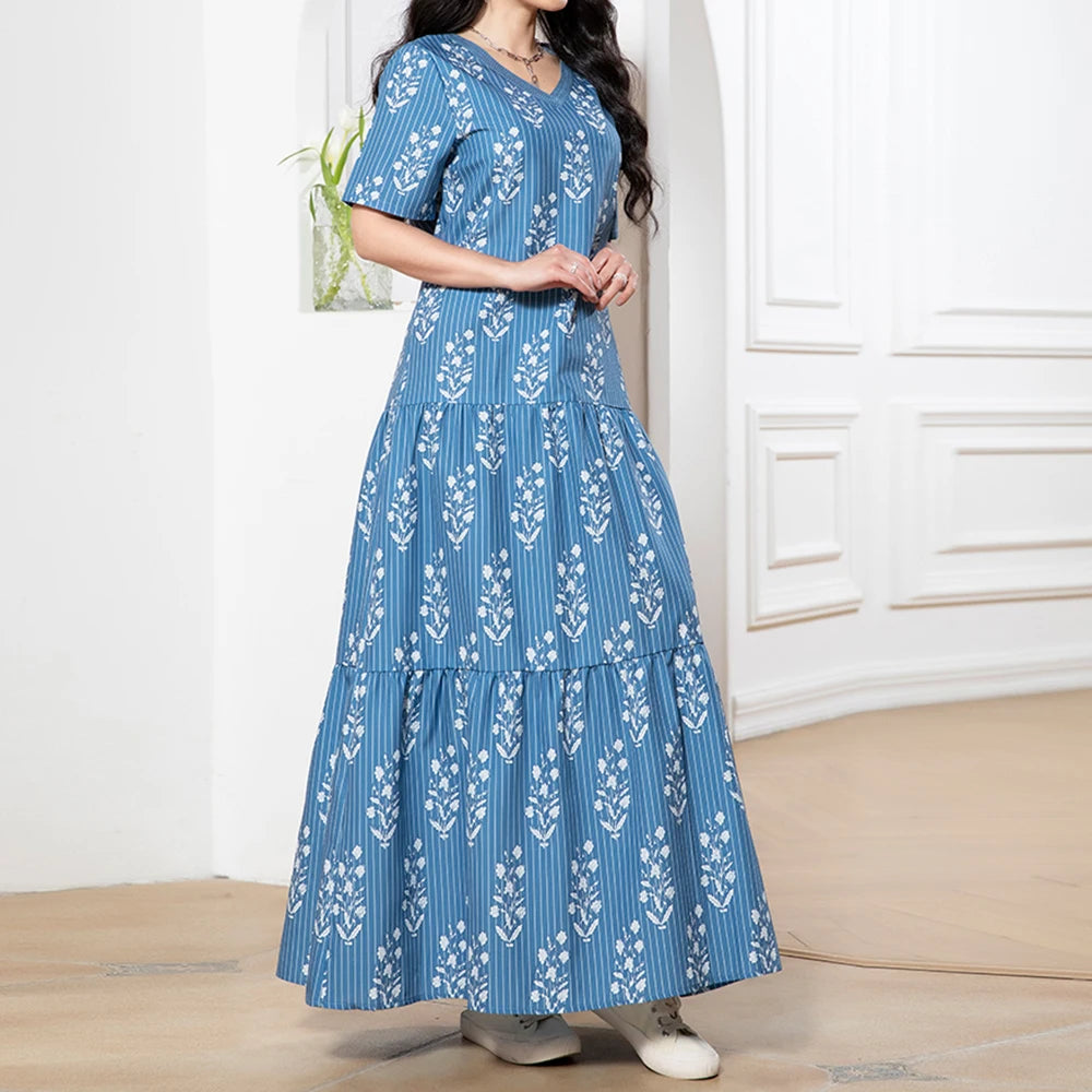 Rafiah Summer Dress 2025 Full Print Stripes Women's Casual Short Sleeve V-Neck A-Line Maxi Dating Arabian Dress