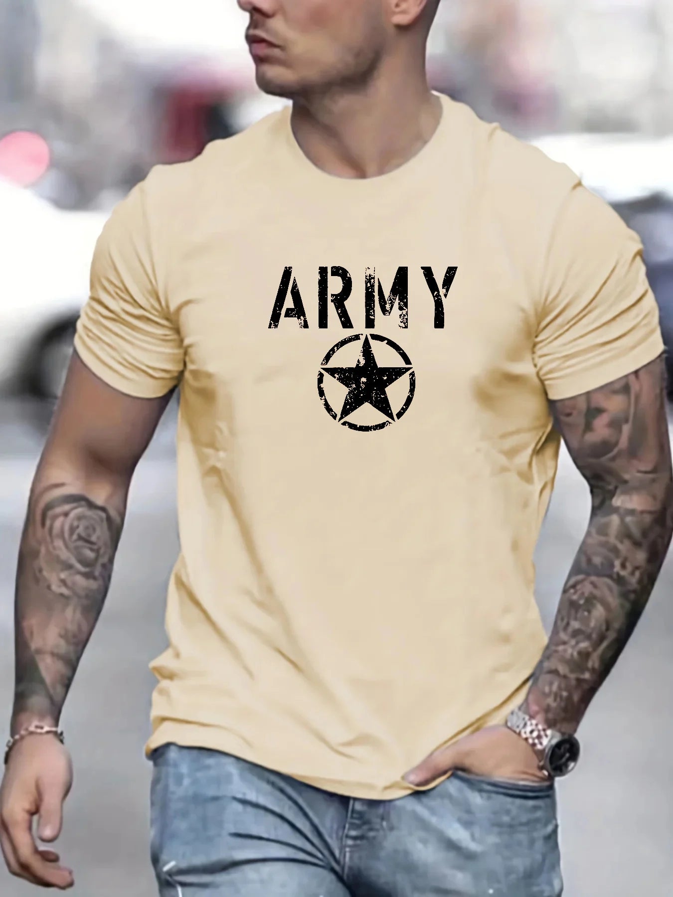 Men's summer 100 cotton fashionable casual loose sports ARMY and five pointed star printed round neck short sleeved T-shirt top