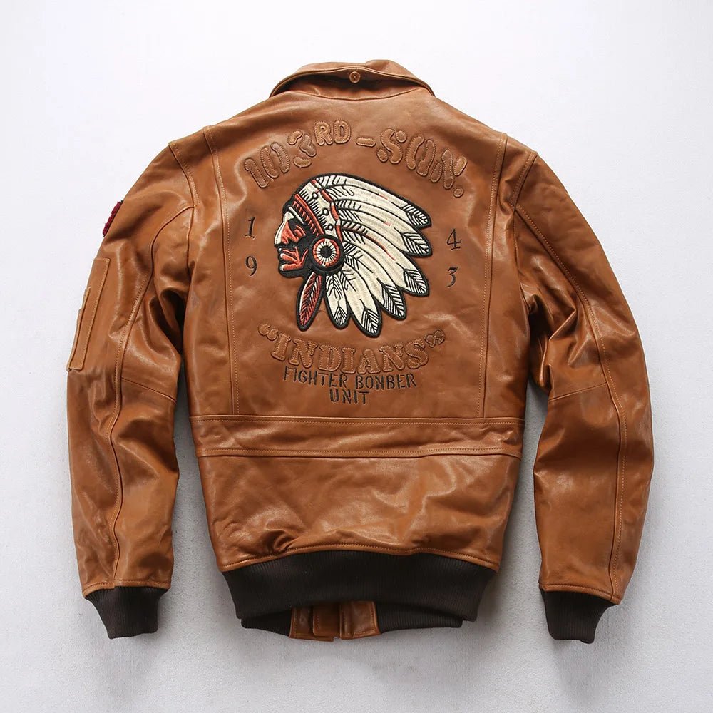 Sheepskin G1 Pilot Clothing Leather Jacket Wool Collar Indian Portrait Embroidery men's Genuine Leather coat Casual Fashion top