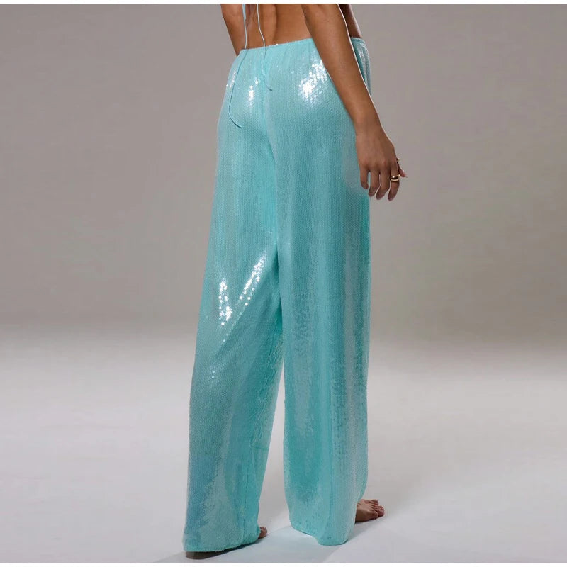 Loose Solid Color Sequin Pants Woman Cinched Waist Glitter Straight Baggy Long Pants Casual Street Chic Sparkle Women's Trousers