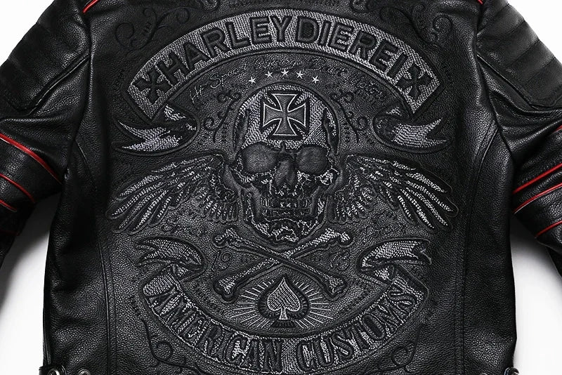 2025 New Embroidery Skull Fashion Genuine Leather Jacket Men's Natural Cowhide Motorcycle Jacket Slim Moto Coat Size S-6XL
