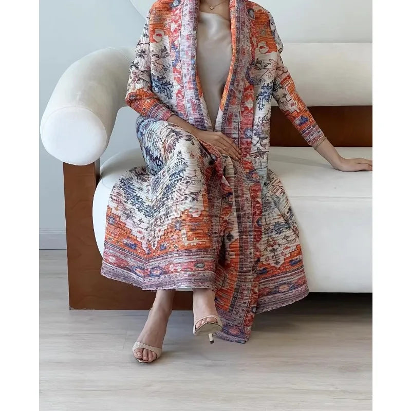KAF Pleated Large Size Women Trench Coat 2024 Spring and Autumn New Vintage Printed Design Luxury Female Coat Arabian Abaya