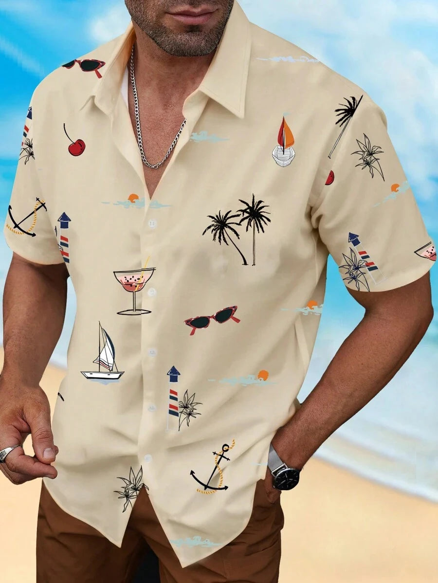 Men's Woven Fashion Casual Beach Surf Holiday Palm Tree Pattern Slim Fit Short Sleeve Shirt