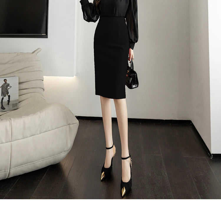 Classic Vintage Gray Red Stretch Pencil Skirts For Women Office Lady Formal Black Midi Skirts Elegant Female Package Hip Skirts