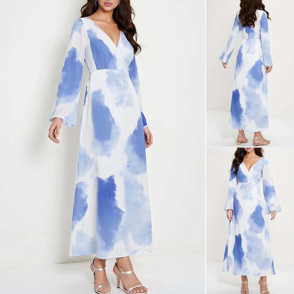 Rafiah Women's Summer Dress Elegant Ventilate Contrast Color Long Sleeve Plunge Neck Midi A-line Vacation Arabian Dress
