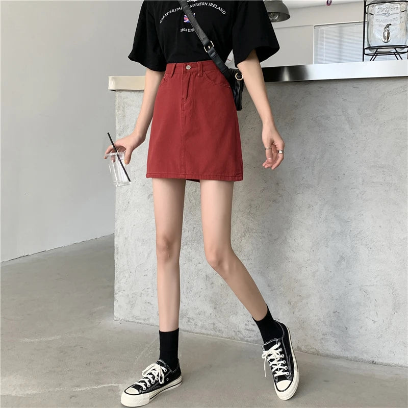 Spring New Women's Denim Skirt A-Line Flared Skirts Butt Covering Body Slimming f-length for plus Size MM