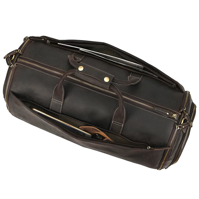Crazy Horse Leather Folding Suit Bag Man Business Travel Bag With Shoe Pocket Clothes Cover Luggage Duffel Bag Man Bag For Suits