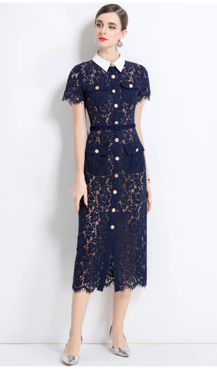 Formal Luxury Evening Long Dress Women Summer Autumn White Peter Pan Collar Hollow Out Blue Pencil Embroidery Lace Dress Party