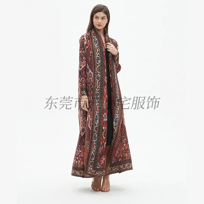 KAF Pleated Large Size Women Trench Coat 2024 Spring and Autumn New Vintage Printed Design Luxury Female Coat Arabian Abaya