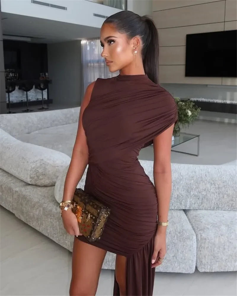 Women's Sleeveless Irregular Draped Ruched Bodycon Party Dress – Elegant Slim Fit, Floor-Length