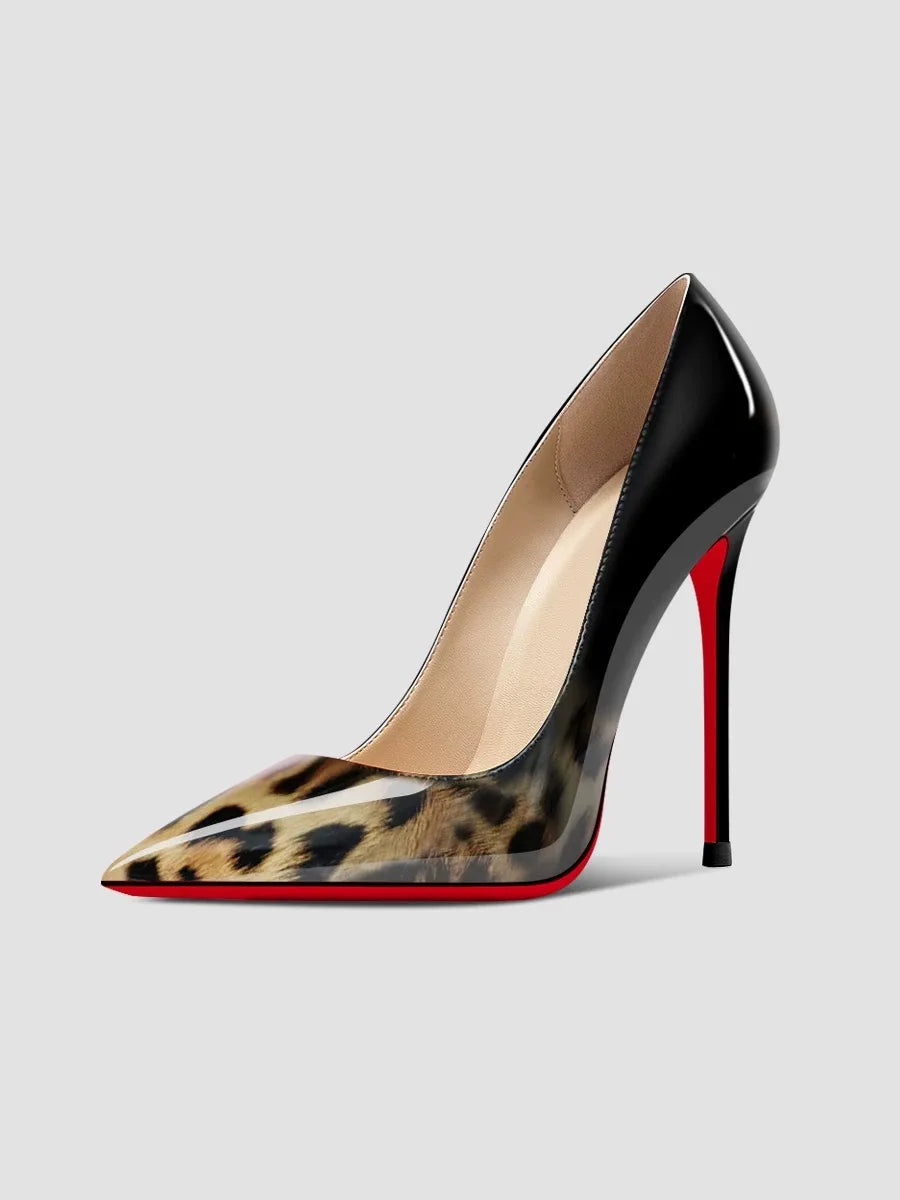 New Gradient Red Bottom Large Heels Sexy Leopard Pattern Pointed Professional Women's Shoes Black Graduation Single Shoes