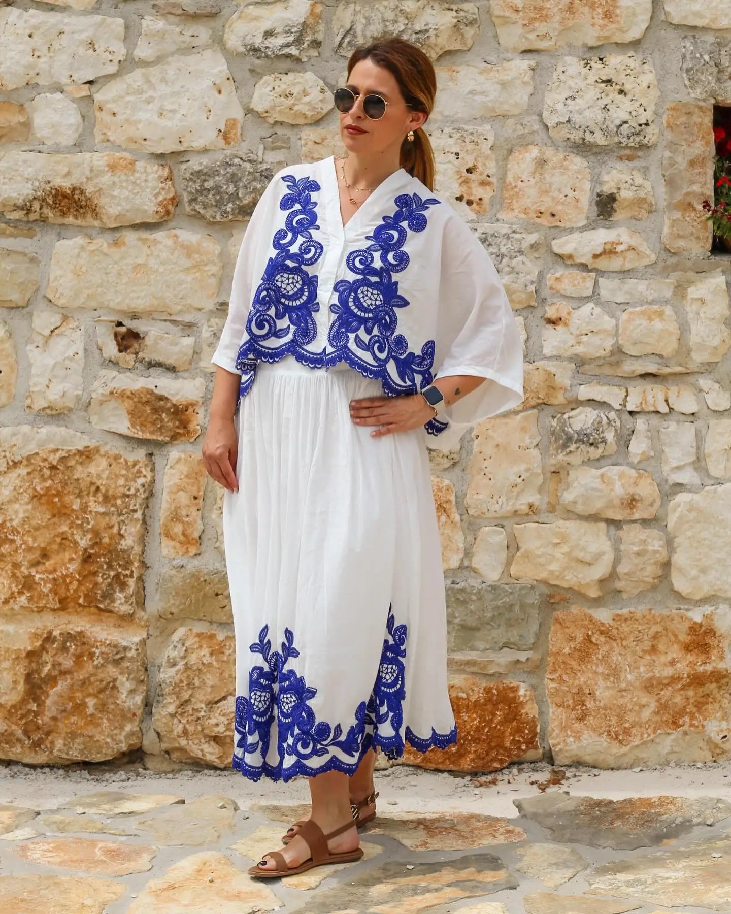 TRAFZA 2024 Women Skirt Set Blue Embroidery Three Quarter Bat Sleeve Shirt +Folds A Line Long Skirt Casual Loose Beach Holiday