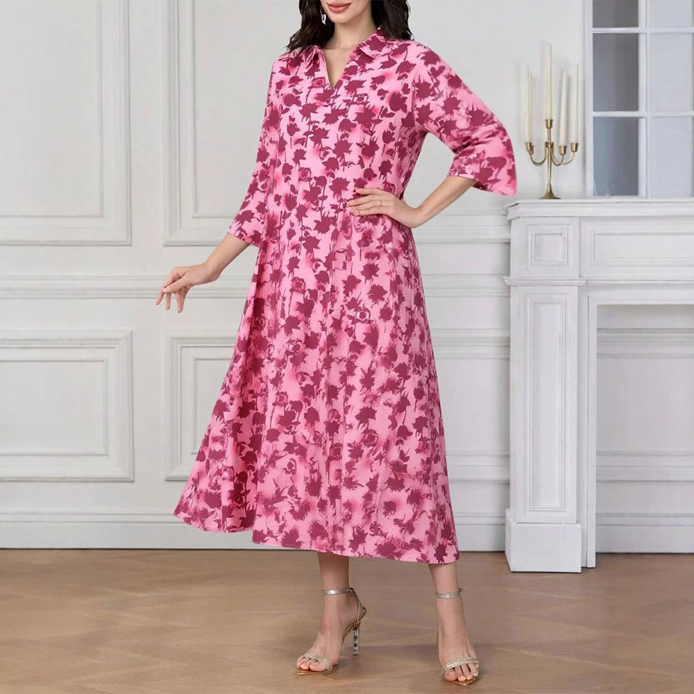 Rafiah Women's Dresses Summer Comfortable 2025 Full Print Casual Long Sleeve Shirt Collar A-Line Midi Vacation Long Dresses