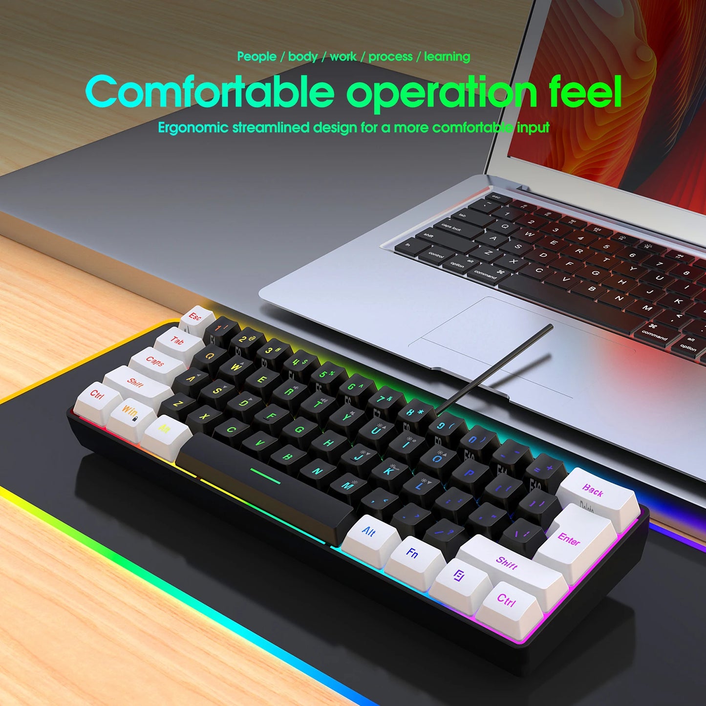 HXSJ V700BW A869 USB Keyboard Mouse Kit 61-key Wired RGB Backlight Computer Keyboard Colorful LED Lighting 3200DPI Gaming Mouse